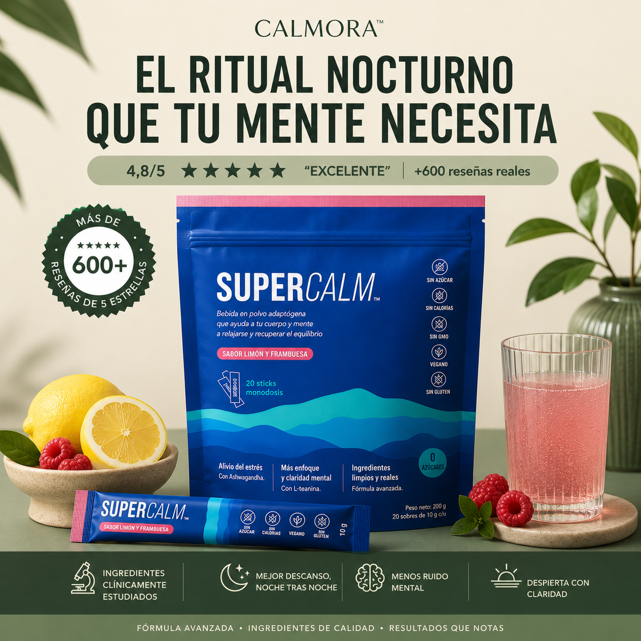 Calmora bebida nocturna relajante sabor frambuesa