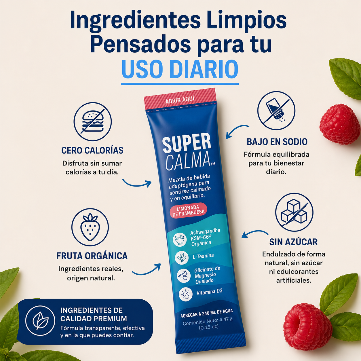 Sobres de Calmora suplemento nocturno sabor frambuesa